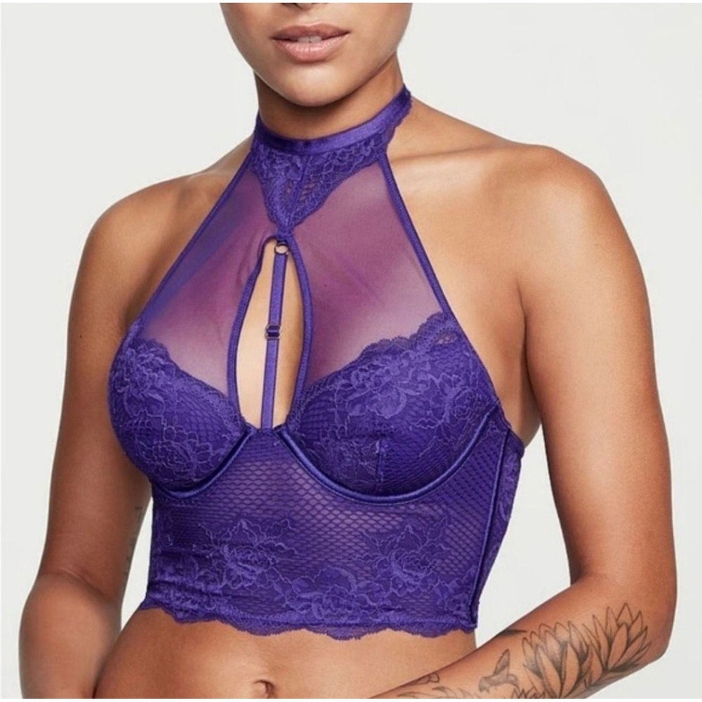 Victoria's Secret Very Sexy High Neck Lace Corset Bra Purple Size S NWT
